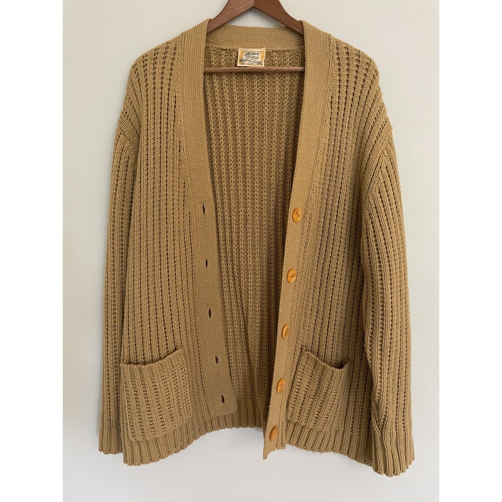 VTG Fashion Cardigan Size 46 Unisex Heavy Chunky Knit Ribbed Camel Color Sweater